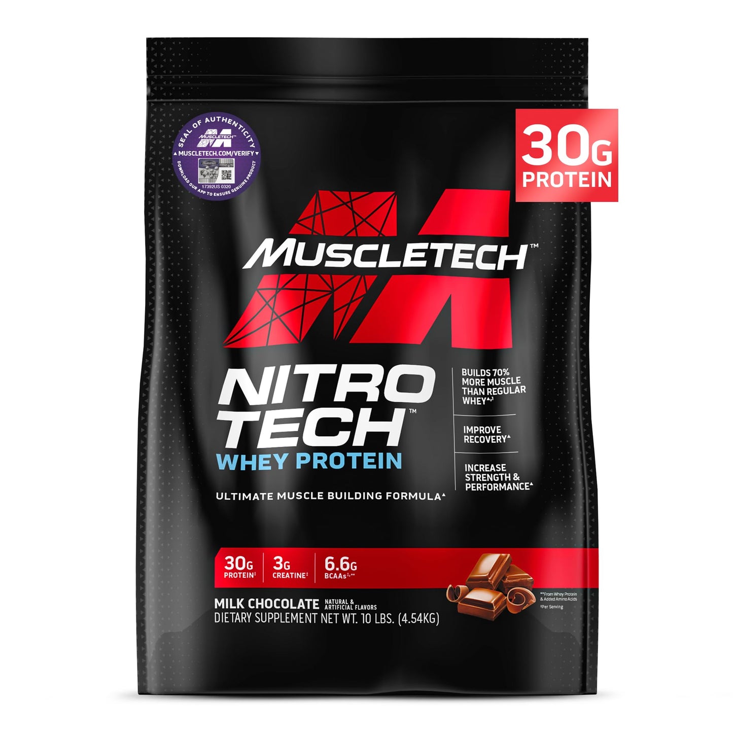 Poudre de Protéine Whey Muscletech (Chocolat au Lait 10 Livres) – Formule Nitro-Tech pour le Développement Musculaire avec Isolat et Peptides de Whey – 30 g de Protéines, 3 g de Créatine et 6,6 g de BCAA