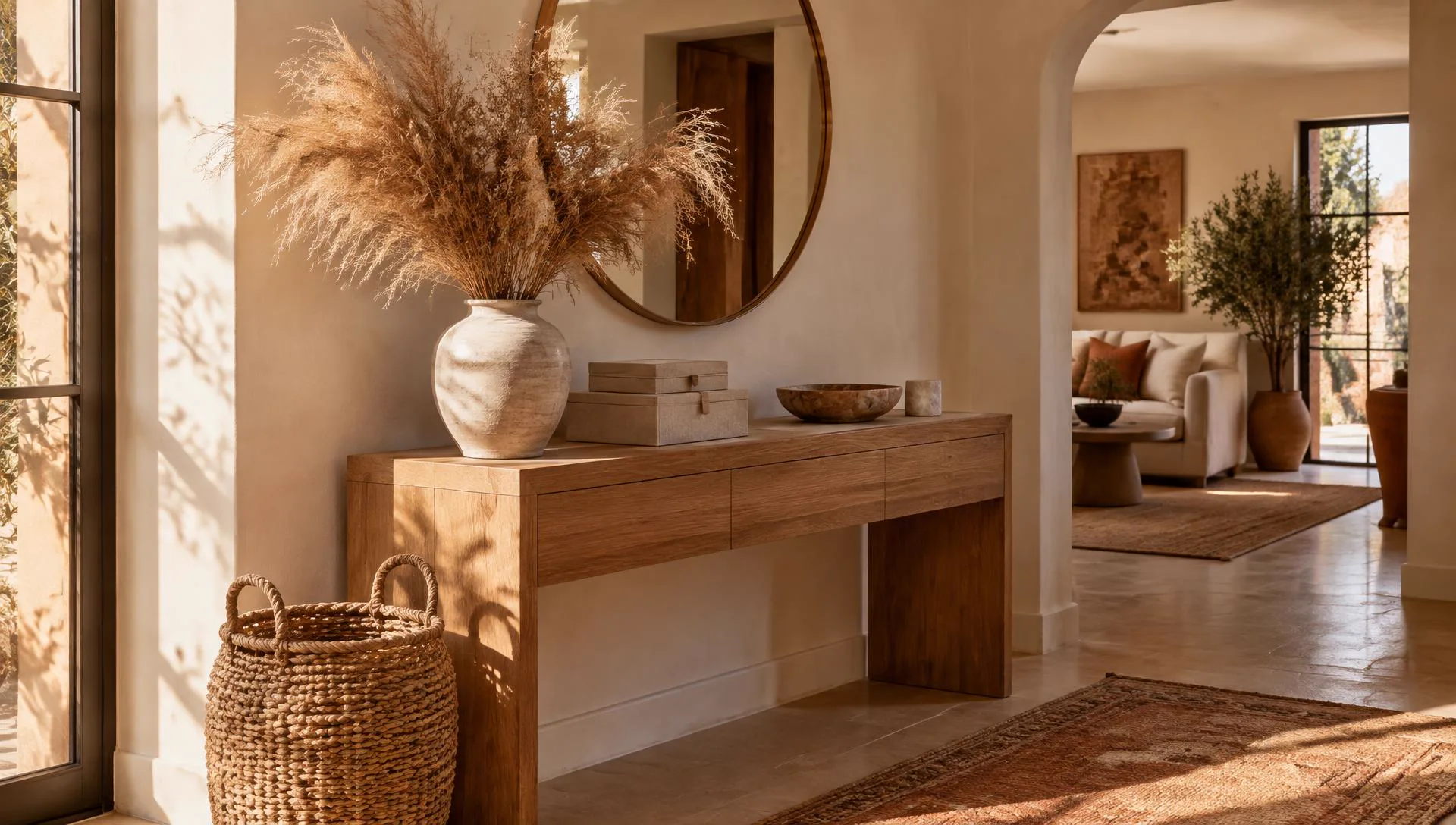 Entrée de maison élégante avec console en chêne, vase de pampas et panier en rotin