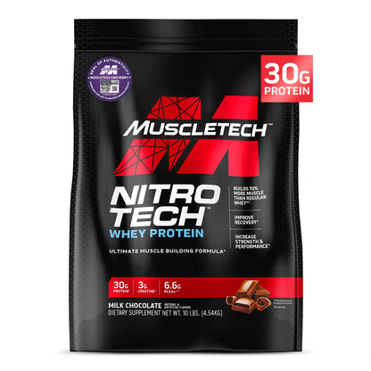 Poudre de Protéine Whey Muscletech (Chocolat au Lait 10 Livres) – Formule Nitro-Tech pour le Développement Musculaire avec Isolat et Peptides de Whey – 30 g de Protéines, 3 g de Créatine et 6,6 g de BCAA