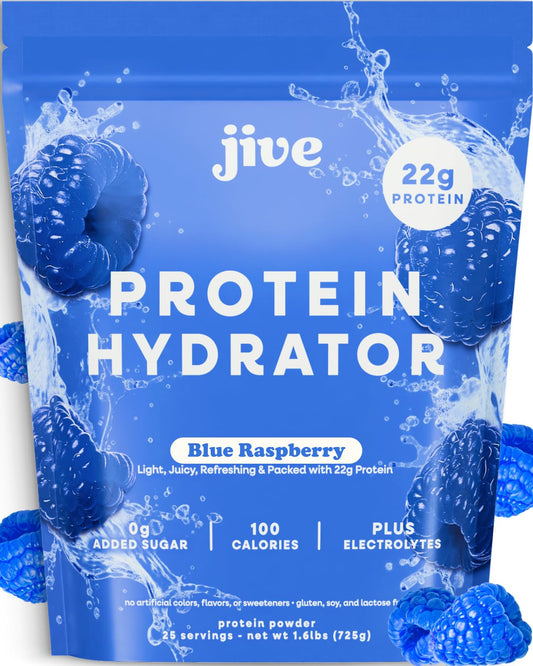 Jive 100 % Protein Hydrator à base de protéines issues de vaches nourries à l’herbe – poudre de protéine claire avec électrolytes, 22 g de protéines, 100 calories et 25 portions – Blue Raspberry – isolat de whey clair (clear whey isolate).