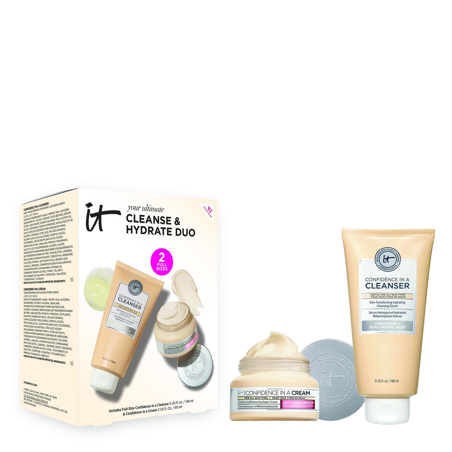 Coffret cadeau IT Cosmetics Your Ultimate Cleanse & Hydrate Duo – Ensemble de soins de la peau 2 pièces format standard avec nettoyant visage et crème hydratante anti-âge – Kit vegan