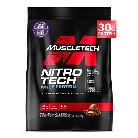 Poudre de Protéine Whey Muscletech (Chocolat au Lait 10 Livres) – Formule Nitro-Tech pour le Développement Musculaire avec Isolat et Peptides de Whey – 30 g de Protéines, 3 g de Créatine et 6,6 g de BCAA
