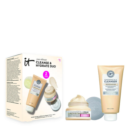 Coffret cadeau IT Cosmetics Your Ultimate Cleanse & Hydrate Duo – Ensemble de soins de la peau 2 pièces format standard avec nettoyant visage et crème hydratante anti-âge – Kit vegan