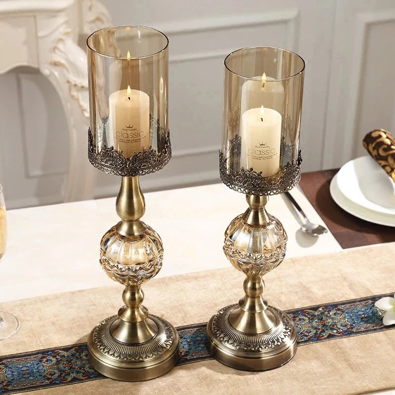 Luxury European High Table Decor Ornaments Candlelight Dinner Props Crystal Metal Candle Holders Retro Crafts