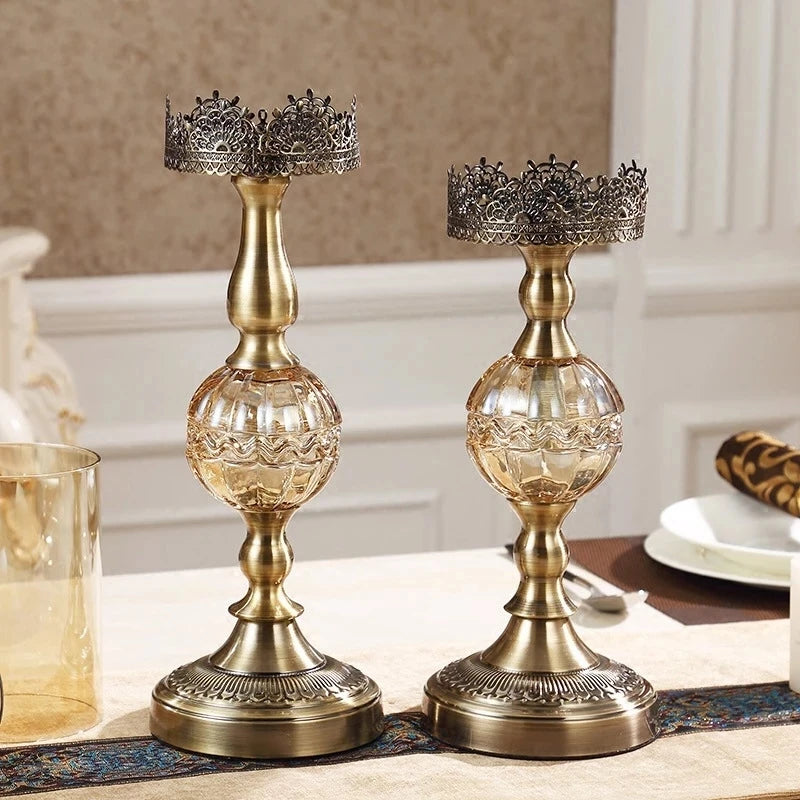 Luxury European High Table Decor Ornaments Candlelight Dinner Props Crystal Metal Candle Holders Retro Crafts