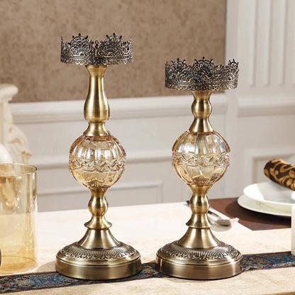 Luxury European High Table Decor Ornaments Candlelight Dinner Props Crystal Metal Candle Holders Retro Crafts