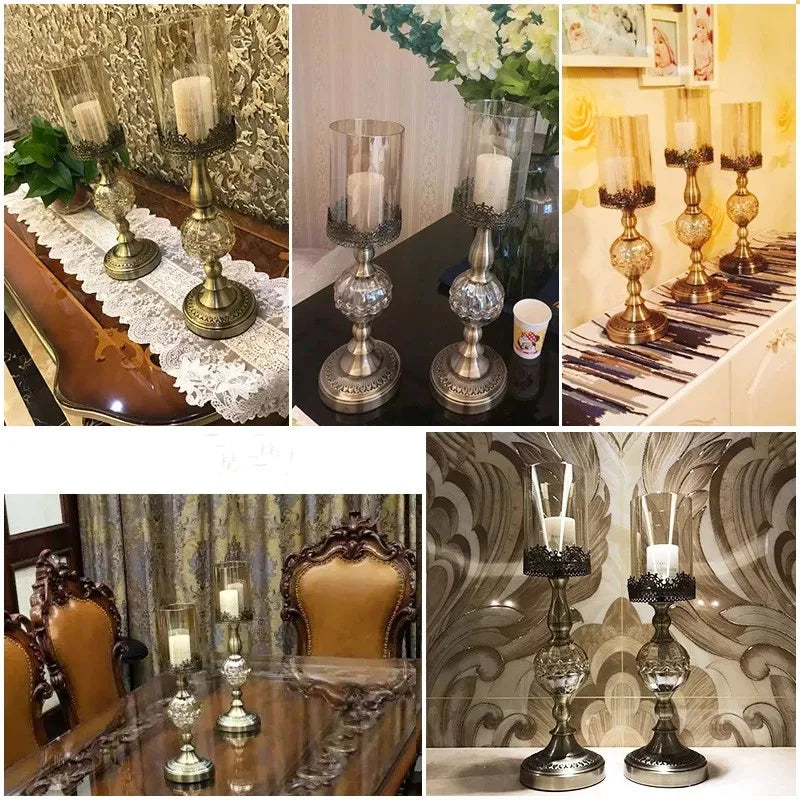Luxury European High Table Decor Ornaments Candlelight Dinner Props Crystal Metal Candle Holders Retro Crafts