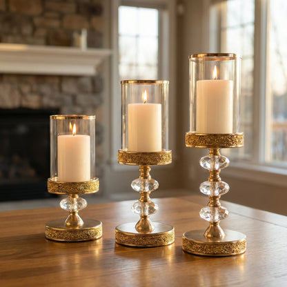 Luxury Crystal Pillar Candle Holders Set Gold Silver Hurricane Lantern with Glass Shade for Romantic Wedding Party Home Decor