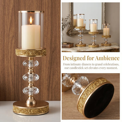 Luxury Crystal Pillar Candle Holders Set Gold Silver Hurricane Lantern with Glass Shade for Romantic Wedding Party Home Decor