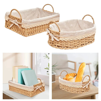 Woven Storage Baskets Kitchen Organizer Handwoven with Handles Cosmetic Box for Breakfast Fruit Bedroom Bathroom Home Decorative