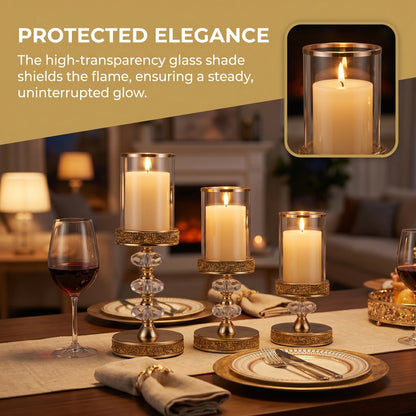 Luxury Crystal Pillar Candle Holders Set Gold Silver Hurricane Lantern with Glass Shade for Romantic Wedding Party Home Decor