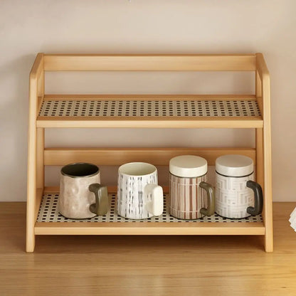 Wooden Storage Shelf Display Rack Spice Rack for Kitchen Rattan Desktop Organizer for Countertop Makeup Organizer