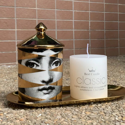 Luxury  Ceramic Candle Holder with Gold Lid Moroccan Mumluk Candle Cup for Home Decoration Retro Cotton Swab Jar Vintage Style