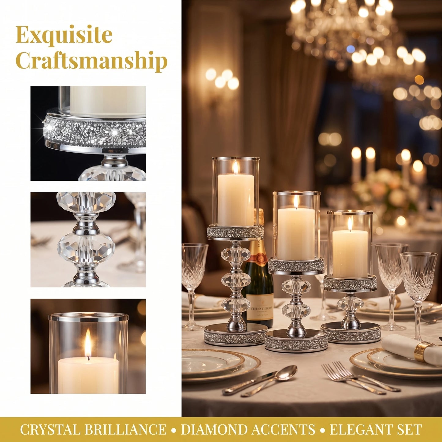 Luxury Crystal Pillar Candle Holders Set Gold Silver Hurricane Lantern with Glass Shade for Romantic Wedding Party Home Decor