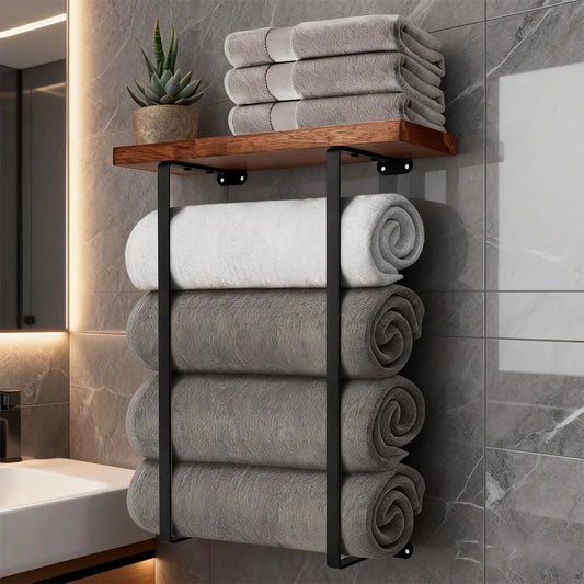 Towel Racks for Bathroom Wall Decor, Bathroom Shelves, Black Minimalist Design Storage Organizer for Large Towels, Spa, Salon