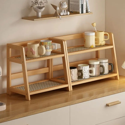 Wooden Storage Shelf Display Rack Spice Rack for Kitchen Rattan Desktop Organizer for Countertop Makeup Organizer