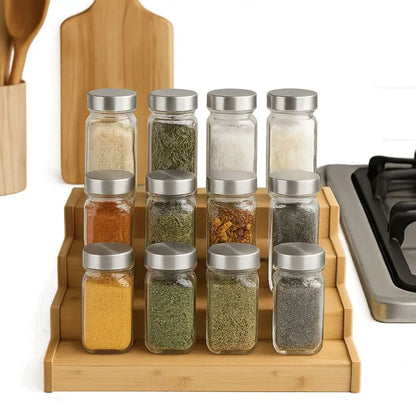 Solid Wooden 3-Tier Spice Rack Space-Saving Spice Display Seasoning Organizer Durable Multi-Tier Spice Jar Storage Set