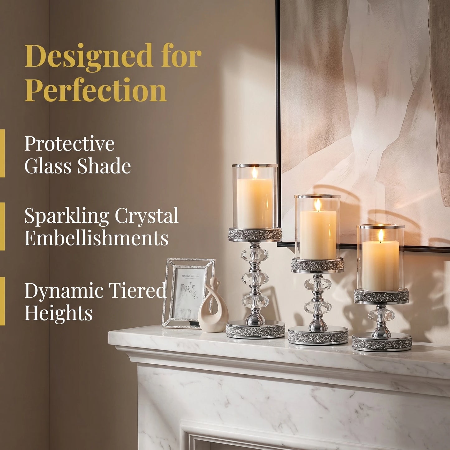 Luxury Crystal Pillar Candle Holders Set Gold Silver Hurricane Lantern with Glass Shade for Romantic Wedding Party Home Decor