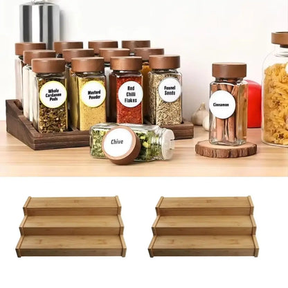 Solid Wooden 3-Tier Spice Rack Space-Saving Spice Display Seasoning Organizer Durable Multi-Tier Spice Jar Storage Set