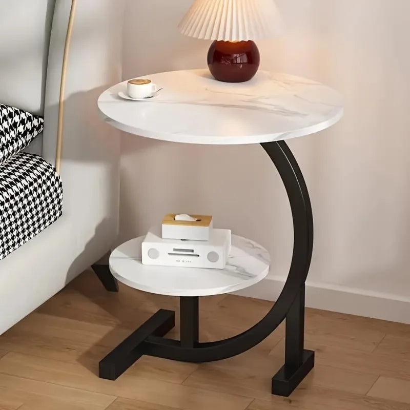 Modern Tiered Round Side Table - Double Layer Storage Accent Table for Living Room & Bedroom | Space-Saving Design