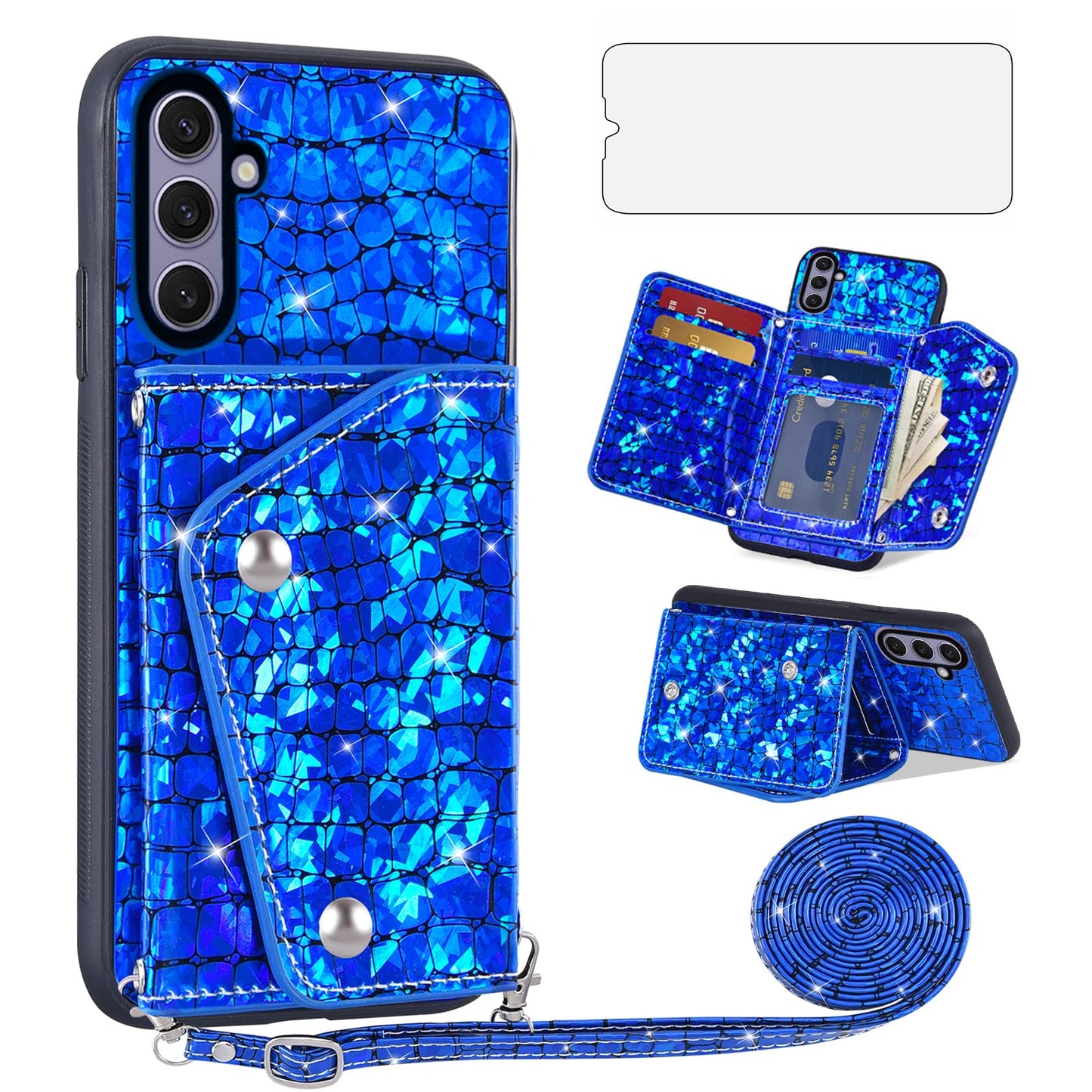 Coque Asuwish pour Samsung Galaxy S24 Plus / S25 Plus S24+ S25+ 5G avec portefeuille, protecteur d’écran et porte-cartes, support pailleté pour téléphone portable S24Plus / S25Plus pour femmes et hommes – Bleu