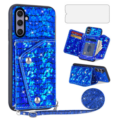 Coque Asuwish pour Samsung Galaxy S24 Plus / S25 Plus S24+ S25+ 5G avec portefeuille, protecteur d’écran et porte-cartes, support pailleté pour téléphone portable S24Plus / S25Plus pour femmes et hommes – Bleu